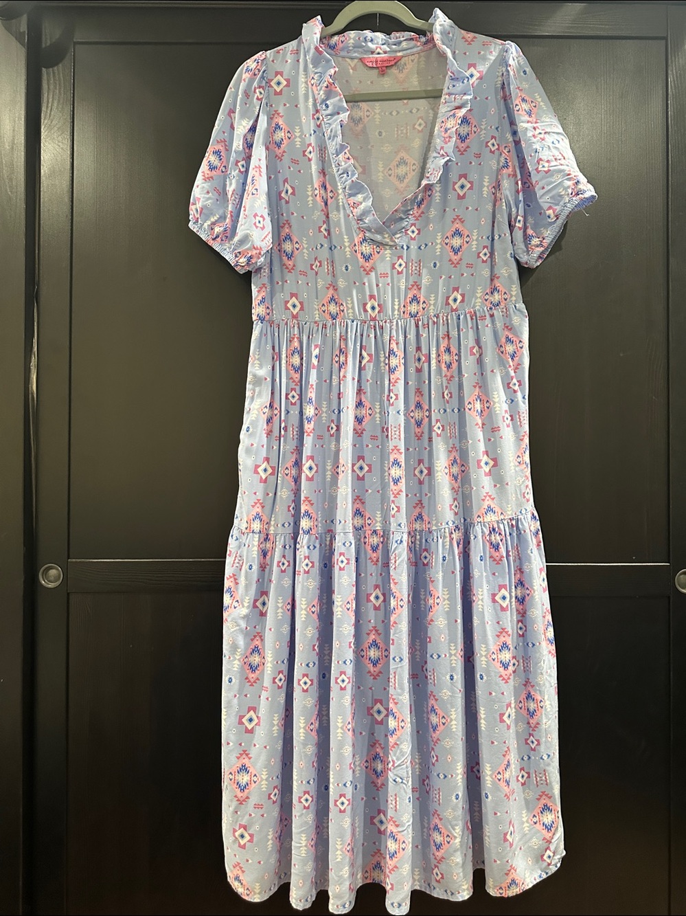 Simply Southern Light Lavender & Pink Geometric Ruffle Midi Dress